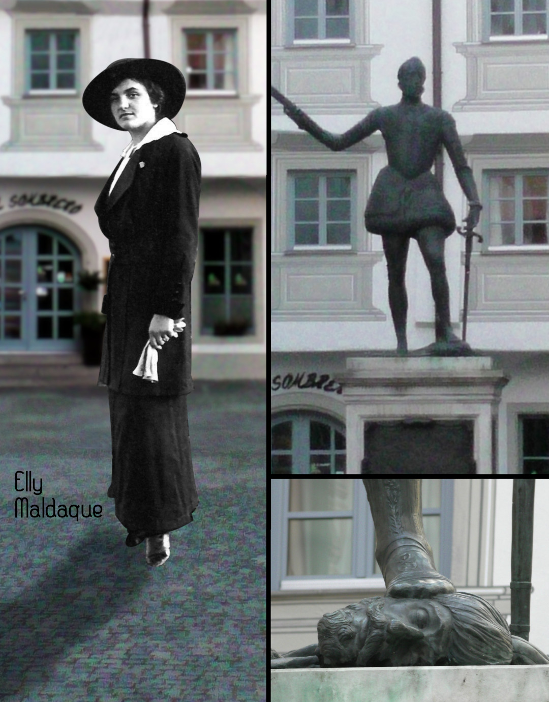 Collage einer Statue von Elly Maldaque neben dem Standbild von Don Juan mit abgeschlagenem Türkenkopf